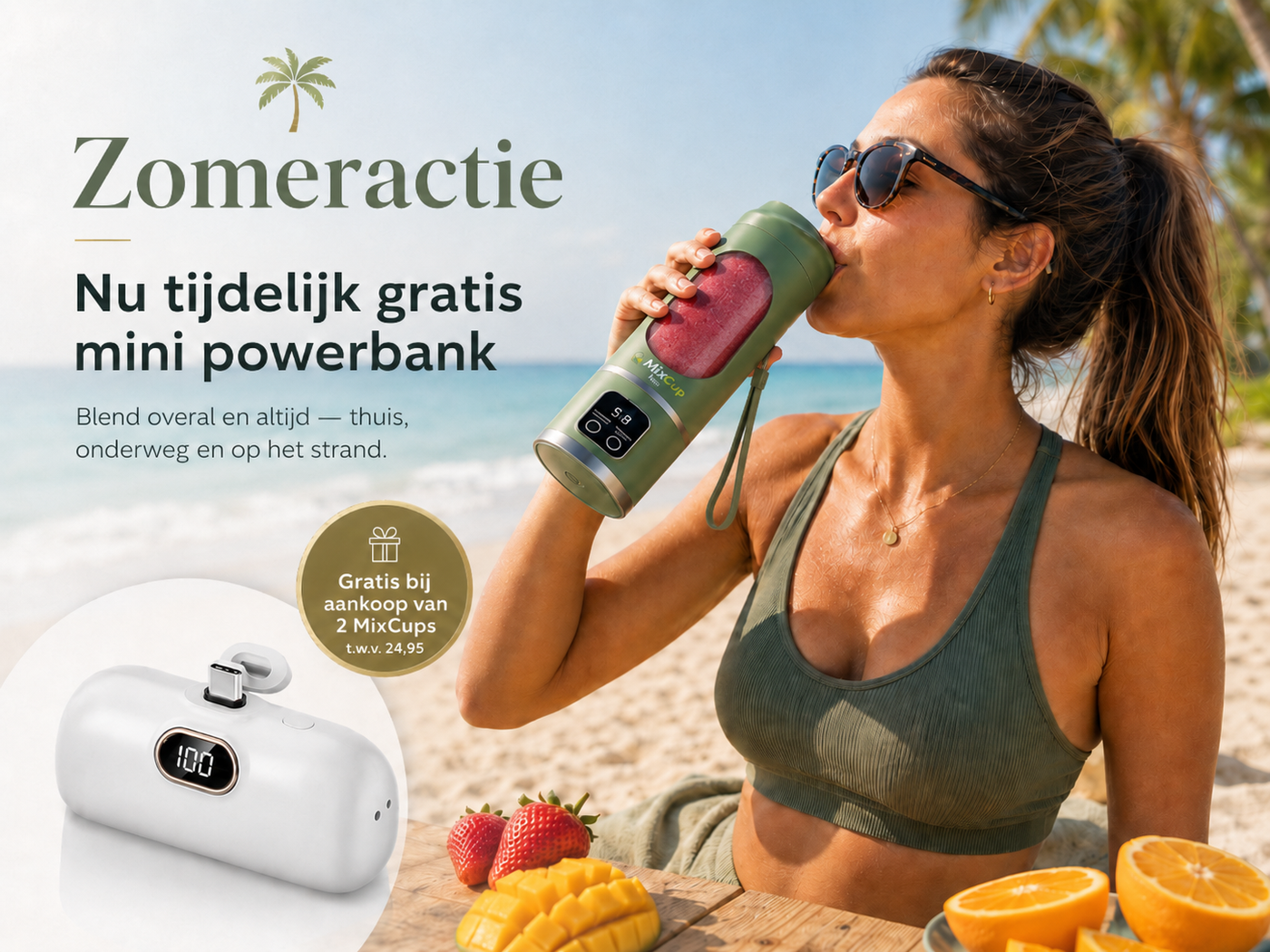 Persoon met MixCup draagbare blender onderweg